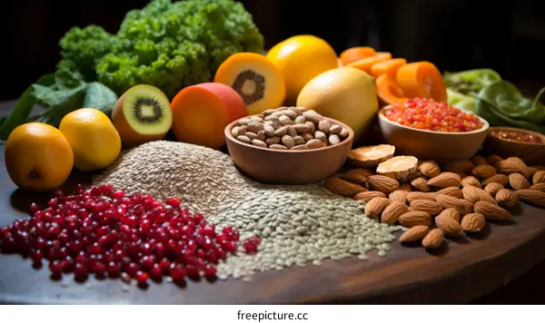 Various Colorful Healthy Foods and Fruits on a Wooden Table