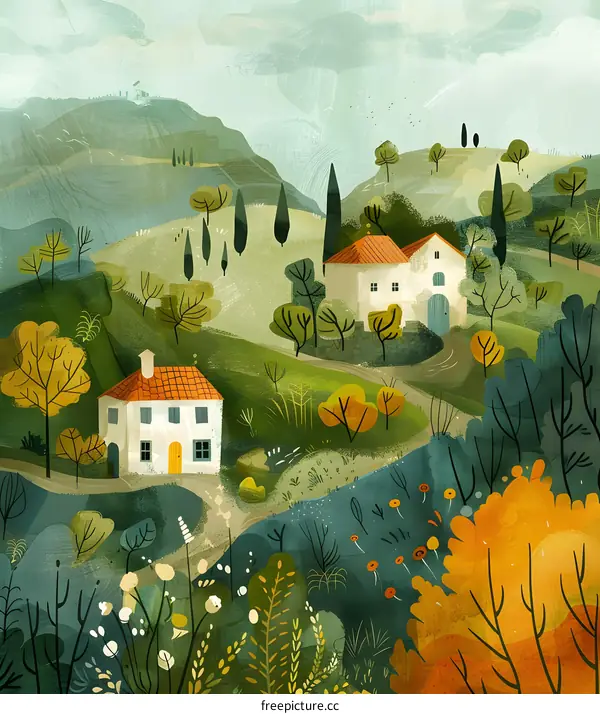 Rural Landscape Illustration With Two Houses