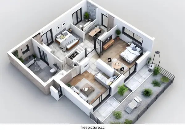 Modern apartment floor plan with balcony and furniture