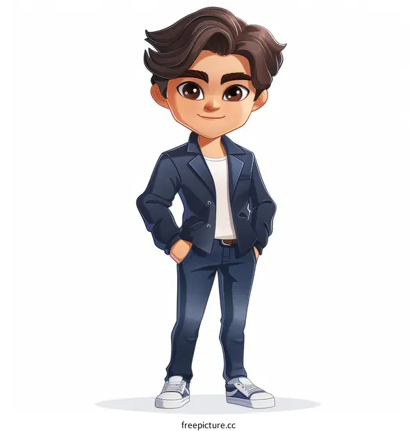 A young man in a suit and sneakers posing with hands in pockets