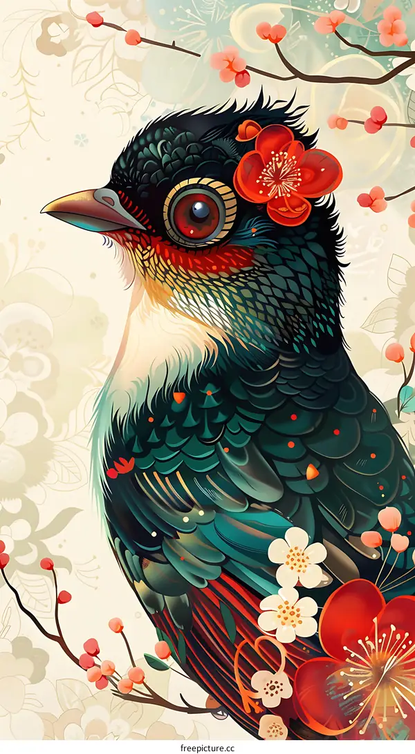 Colorful Bird Illustration With Detailed Feathers and Flowers