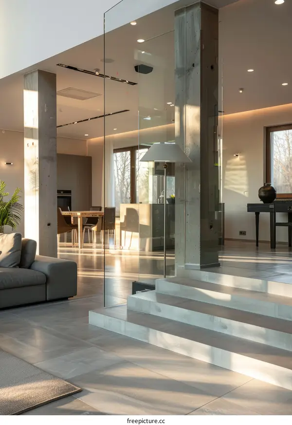 Modern Home Interior with Glass Wall and Concrete Columns