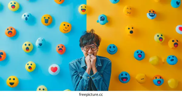 Portrait of an Asian Man with a Multitude of Emojis on a Background of Blue and Yellow