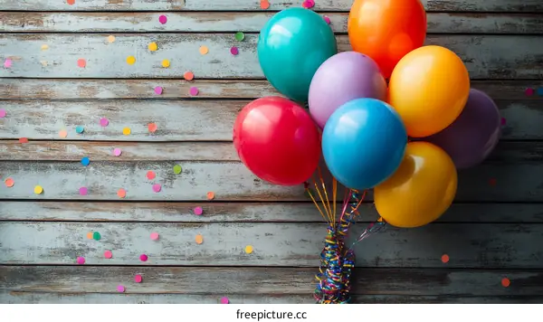 Colorful Balloons and Confetti on Wooden Background