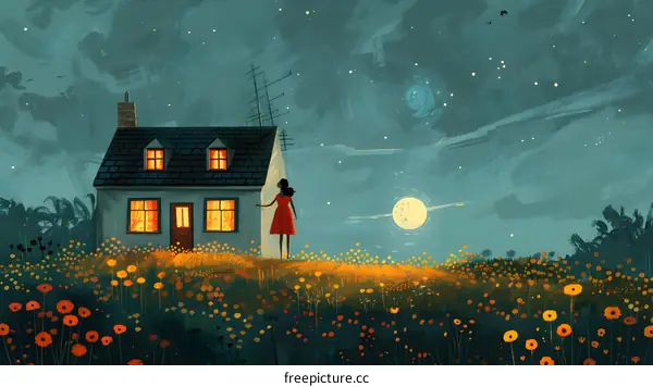 girl standing in a field of flowers looking at the moon