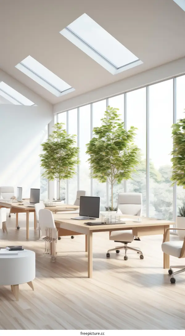 Modern office interior with large windows and green plants
