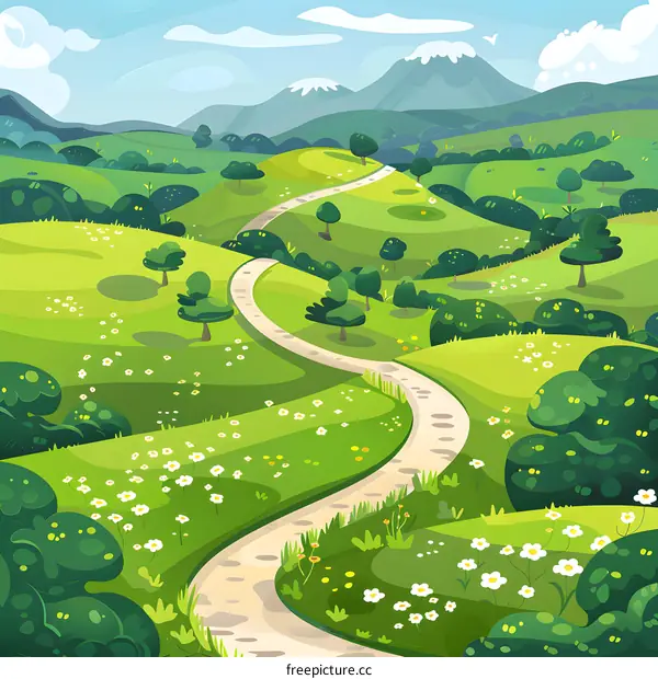 Winding Road Through Green Meadow Landscape Illustration