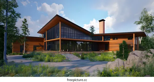 Modern Wooden Building With Glass Walls And Patio