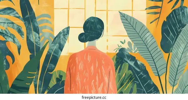 Woman Looking Out Window with Plants