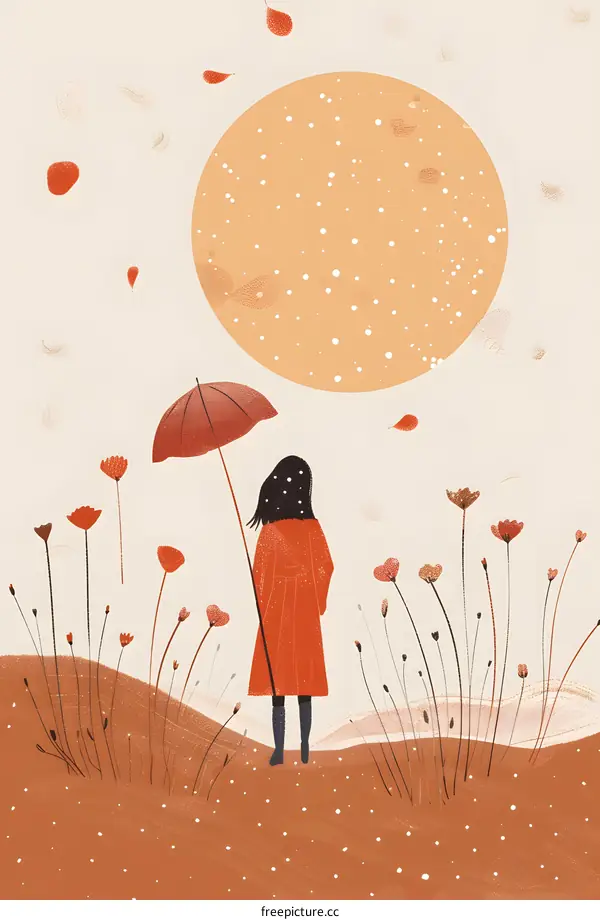 Woman in Red Coat Standing in a Field of Flowers with a Umbrella