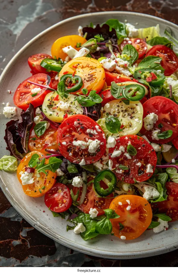 Colorful tomato salad with goat cheese and basil
