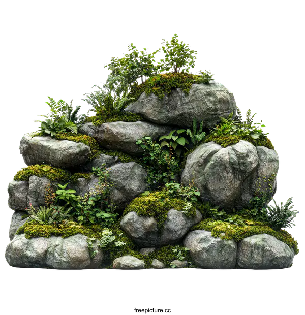 [Transparent Background PNG]Rock Garden Illustration with Lush Vegetation