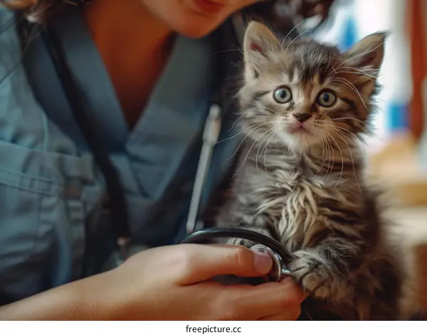 A veterinarian examines a kitten with a stethoscope