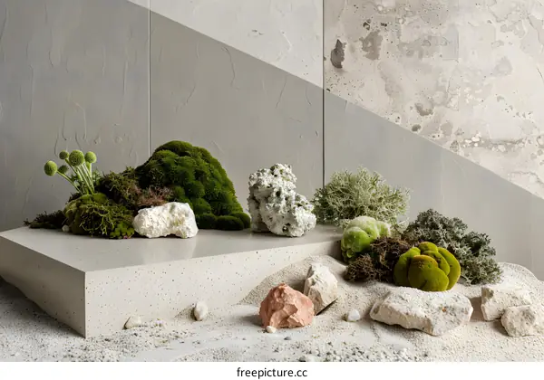 Closeup Of Green Moss And Stones On A Grey Background