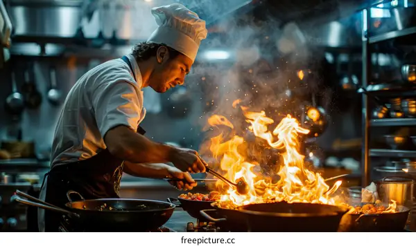 Focused male chef cooking with flames in a commercial kitchen