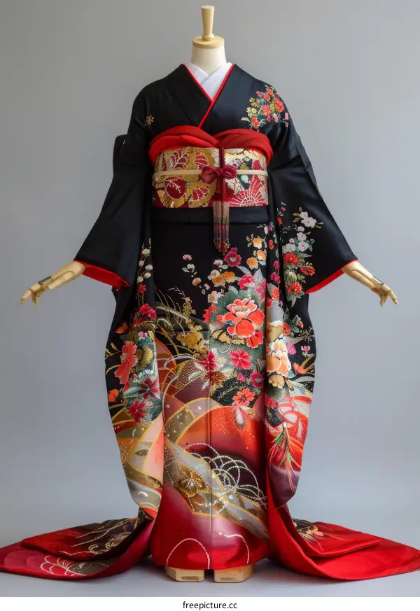 A woman wearing a black kimono with red and gold floral embroidery.