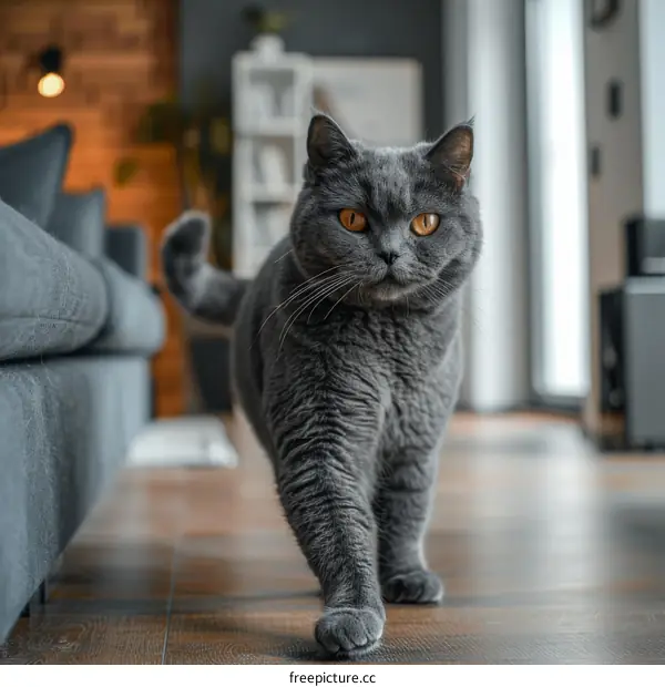 A gray cat is walking on the wooden floor in the living room
