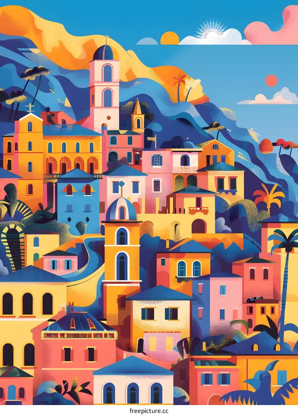 Colorful Mediterranean Village Illustration