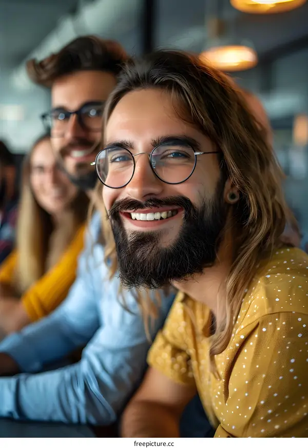 Portrait of a smiling young man with beard and glasses