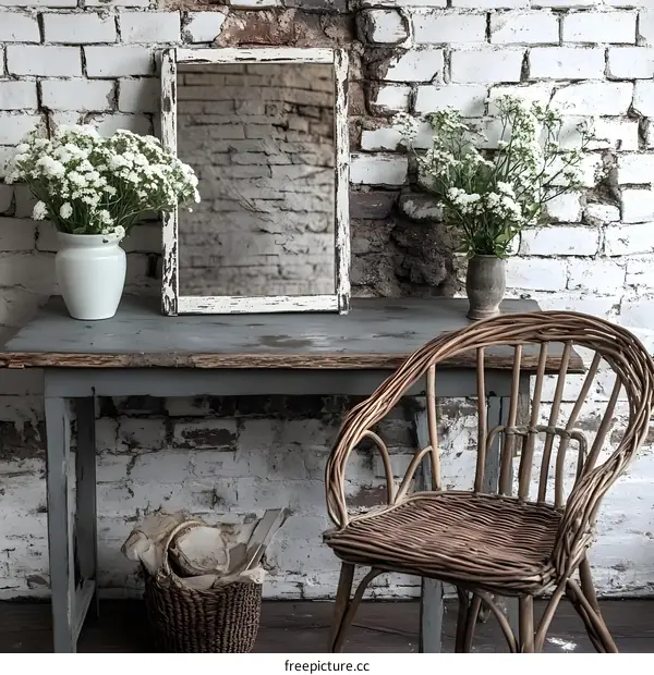 Rustic Decor With White Flowers and Wicker Chair