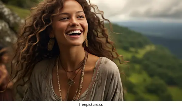 Portrait of a smiling woman with long curly hair