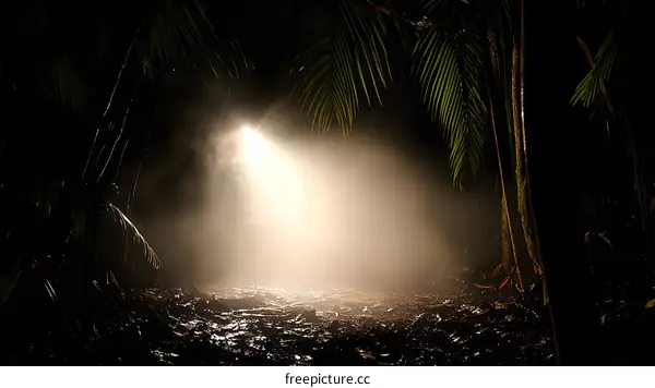 Light Beam Shining Through Jungle Trees at Night