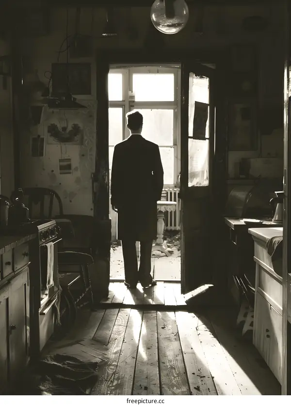 Man standing in a doorway looking out at a bright light