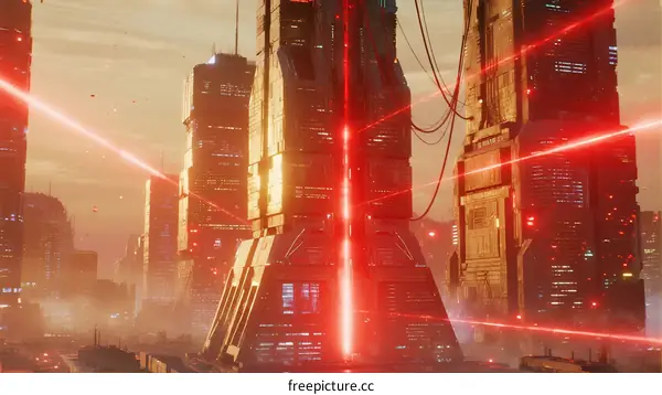 Futuristic Cityscape with Red Laser Beams and Tall Buildings