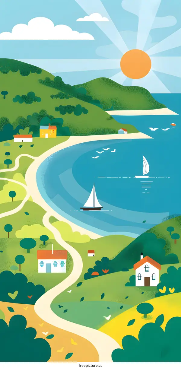 Illustration of Beautiful Bay With Boats And Green Hills Under Sunny Sky