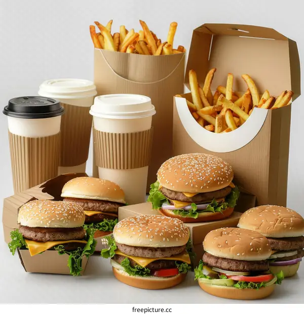 Fast Food Meal with Burgers, Fries, and Coffee