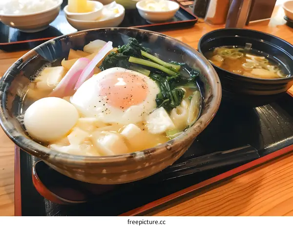 Japanese Udon Noodle Soup With Egg and Vegetables