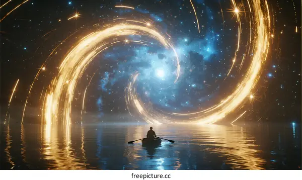 A Person Rowing Boat Facing Spiral Galaxy in Night Sky