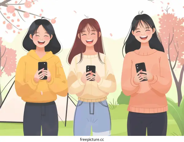 Three young Asian women using their smartphones in a park