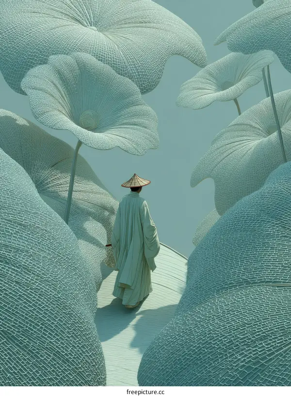Asian Figure in a Dreamlike Lotus Leaf Landscape