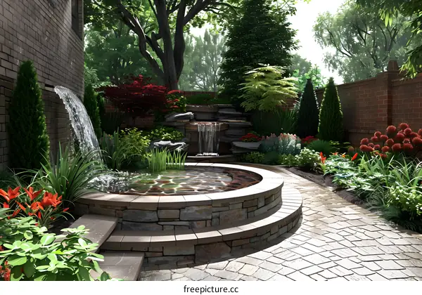 A beautiful garden with a waterfall and a pond