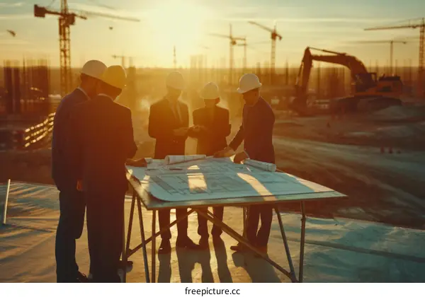 construction workers discussing building plans at sunset