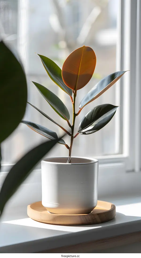 Fiddle Leaf Fig Plant In A White Pot On A Wooden Tray