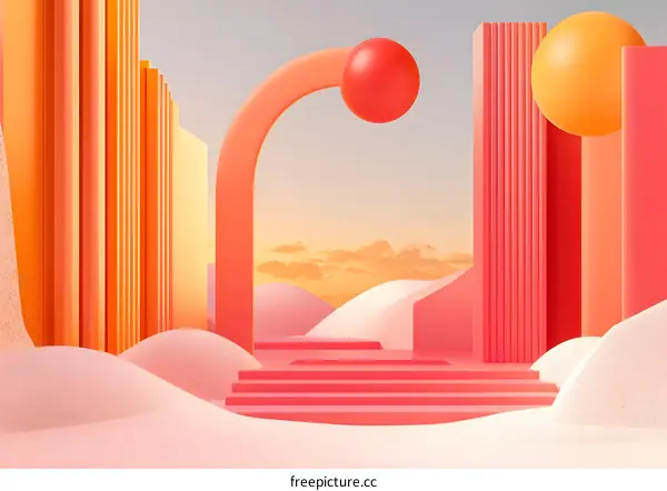 Abstract 3D Illustration with Geometric Shapes and Sunset