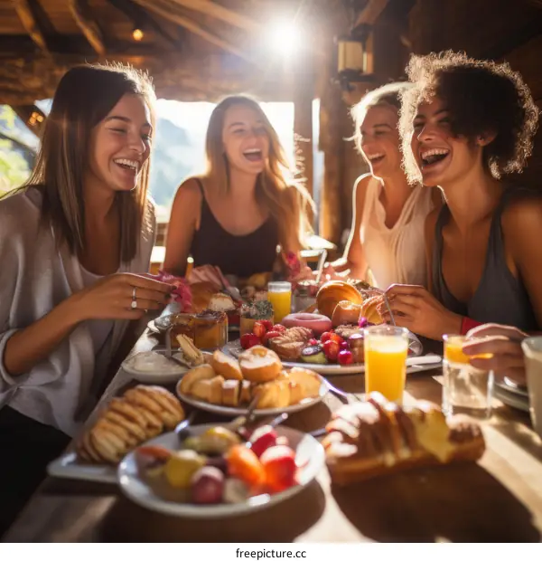 Four multiracial women enjoying breakfast in a cabin