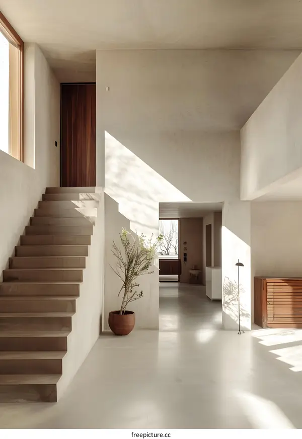 Modern Minimalist Interior Design with Concrete Stairs and Sunlight