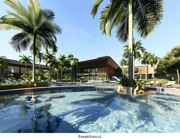 Tropical Resort Swimming Pool with Palm Trees