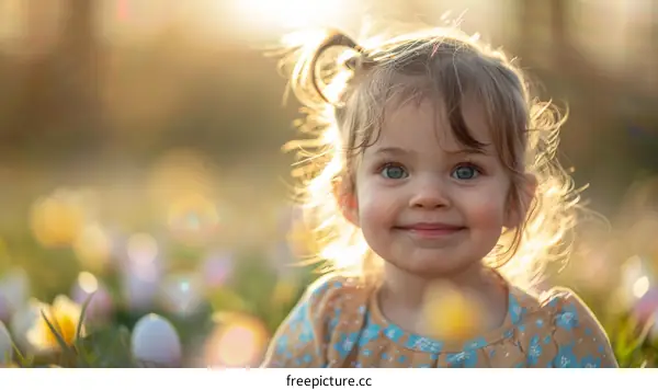 Portrait of a smiling blonde toddler girl sitting in a field of flowers
