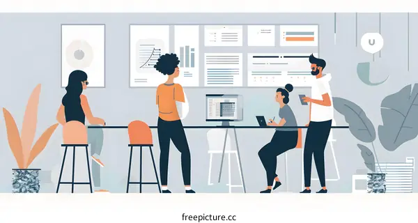 Modern Office Space with Diverse Team Working on Projects