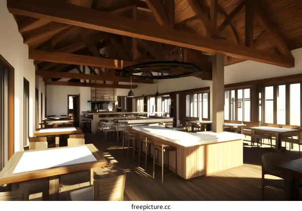 Modern Interior Design for Restaurant With Wood Beam Ceiling