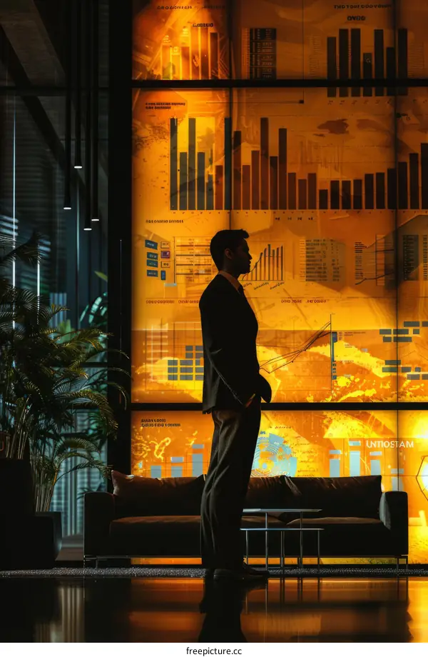 Businessman standing in front of digital display of stock market data.
