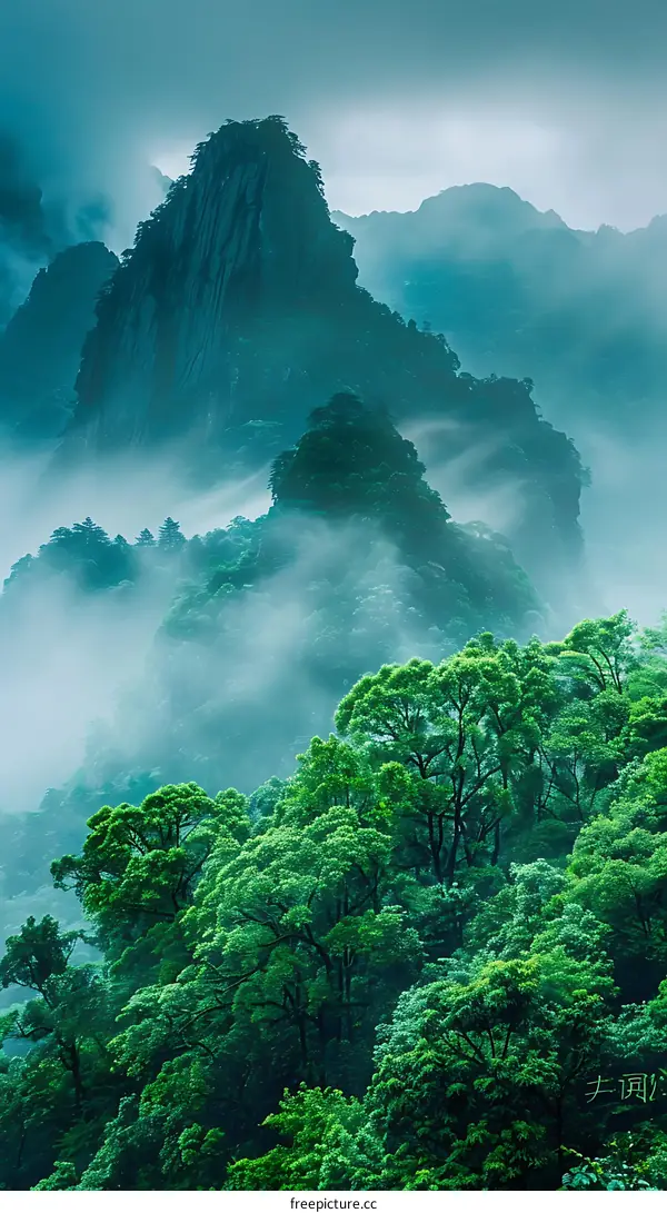 Green Mountains with Mist and Trees