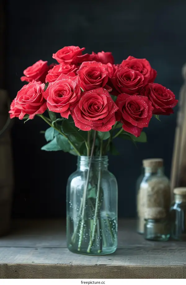 A dozen red roses in a glass vase on a wooden table