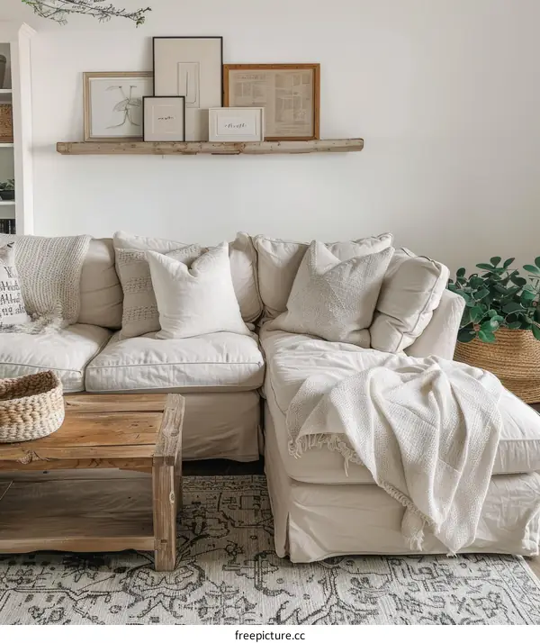 Cozy and modern living room with a sectional sofa and gray rug