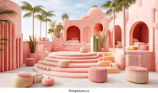 Pink Palace With Palm Trees and Steps
