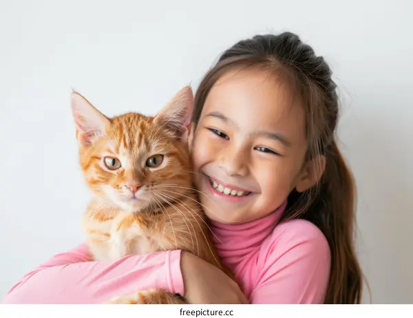 Little girl hugging an orange cat